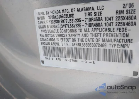 2006 Honda Odyssey Touring from USA, damaged, VIN 5FNRL38886B072469
